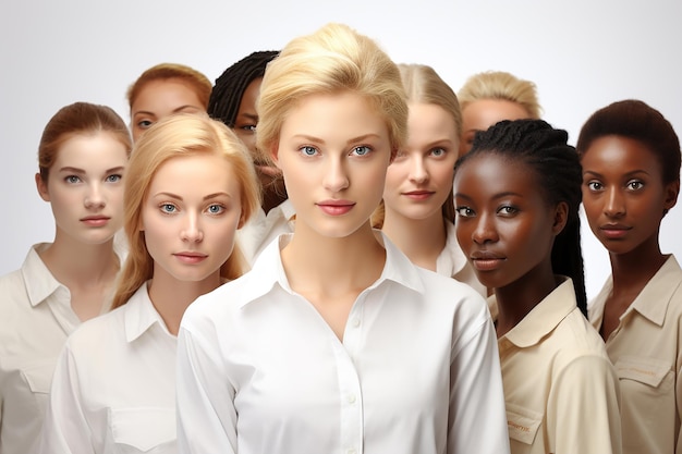 Vielfalt von Mädchen in weißen Kleidern auf weißem Hintergrund mit unterschiedlichen Hautfarben, Rassen und Haaren