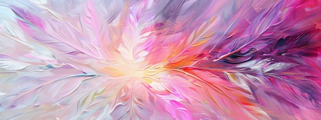 Vielfarbig mit Blitzen von weißem Licht, engelhaften Federn, die sich nach außen ausbreiten, eine faszinierende Kombination aus strahlenden Farben und zarten Texturen in einer floralen Explosion digitaler Kunst.
