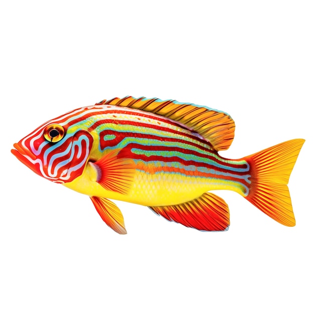 Vielfarbige Aquariumfische auf einem transparenten Hintergrund Seitenansicht Der Clown Wrasse ein roter und gelber Salzwasser-Aquariumfisch isoliert auf einem weißen Hintergrund ein Designelement für die Einfügung
