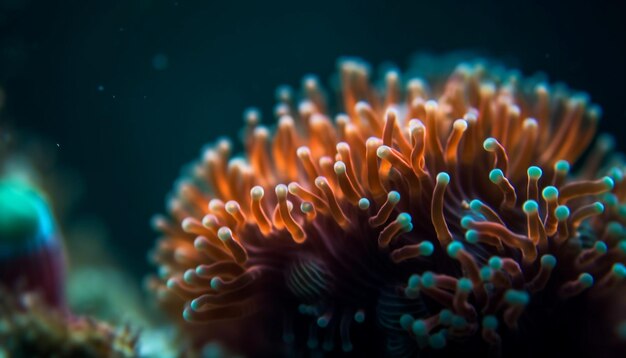 Vielfarbige Fische schwimmen in tiefblauen Gewässern zwischen Korallenriffen, die durch künstliche Intelligenz erzeugt wurden