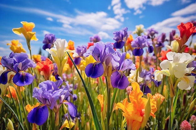 Vielfarbige Irisblumen vor einem blauen Himmel