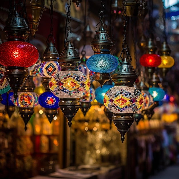 Vielfarbige Lampen, die am Großen Bazaar hängen