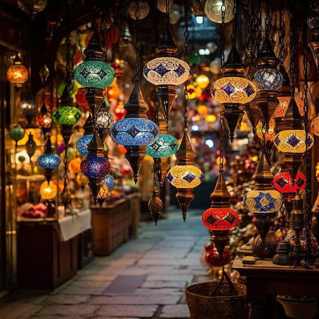 Vielfarbige Lampen, die am Großen Bazaar hängen