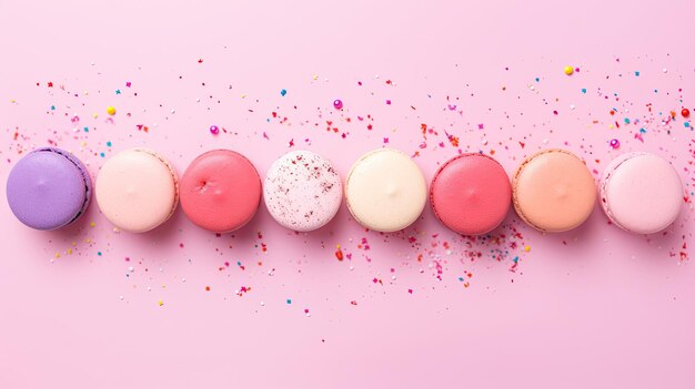 Vielfarbige Macarons auf einem rosa Hintergrund, Top-View
