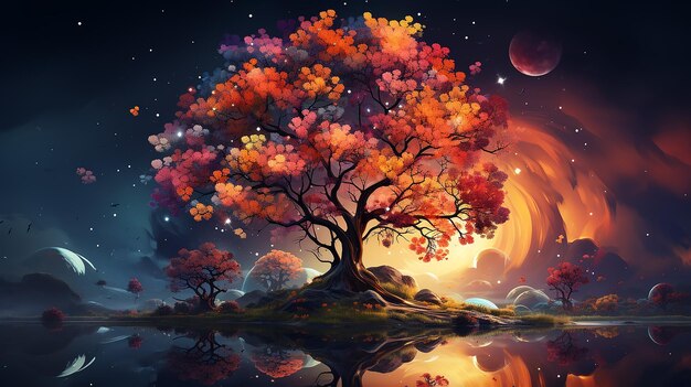 Vielfarbiger Herbstbaum ist ein Symbol der Natur auf einem ungewöhnlichen Hintergrund Computergrafik-Logo