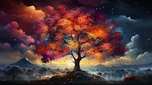 Vielfarbiger Herbstbaum ist ein Symbol der Natur auf einem ungewöhnlichen Hintergrund Computergrafik-Logo