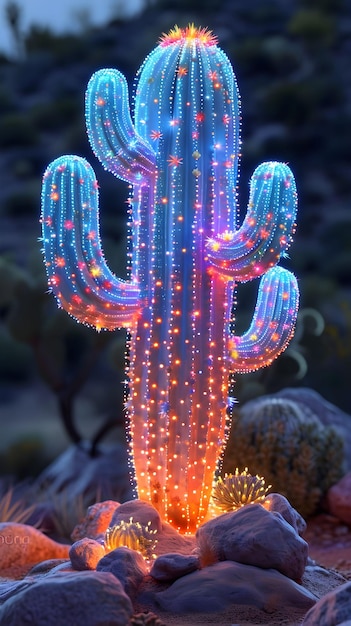 Foto vielfarbiger kaktus mit neonfarbenen, hellen köpfen, neonfarbener kaktus auf dunklem hintergrund, vertikale ausrichtung