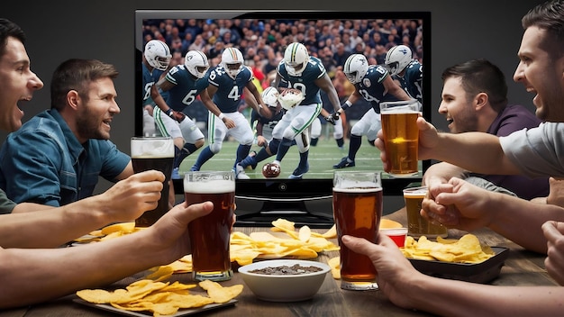 Viendo el concepto de fútbol con cerveza y papas fritas