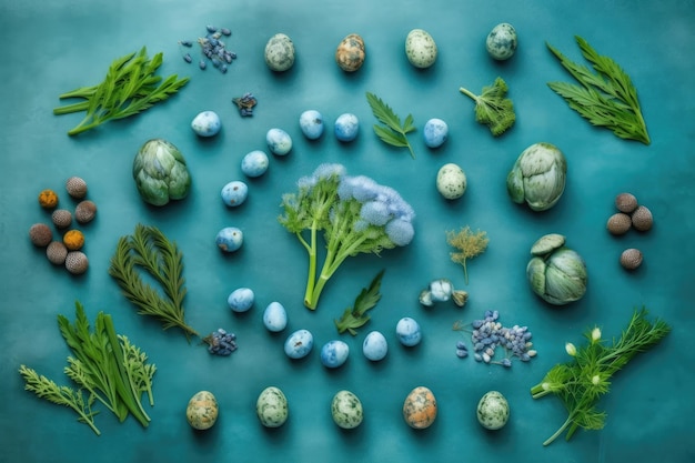 Viendo huevos de Pascua pintados y flores de muscari desde arriba