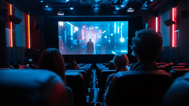 Viendo una película en un cine casi vacío la luz azul de la pantalla en contraste con el rojo de los asientos