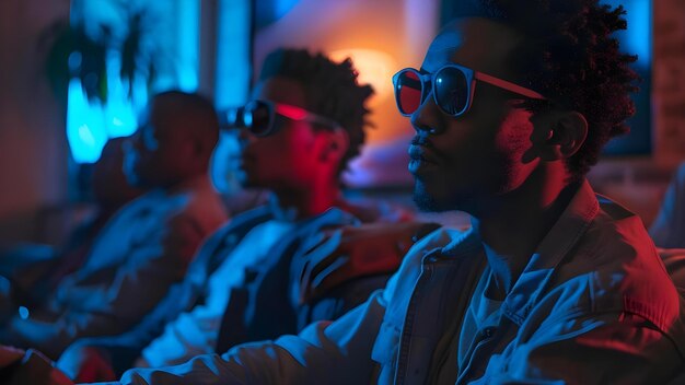 Foto viendo la televisión en una habitación oscura una escena de suspenso con un hombre con gafas de sol concepto escena de suspenso viendo la tv en la habitación oscura hombre con gafas