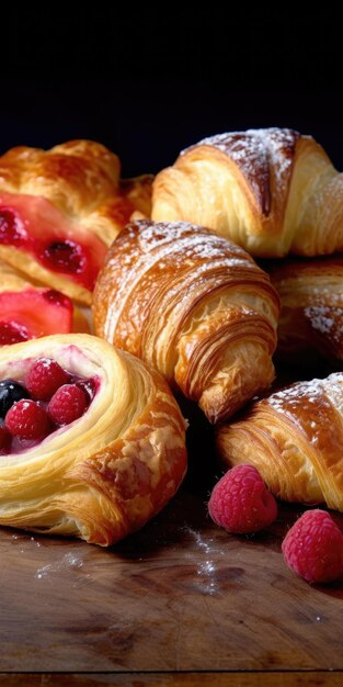 Viennoiserie de escamas doradas con rellenos de bayas salpicados de azúcar en polvo contra un fondo oscuro