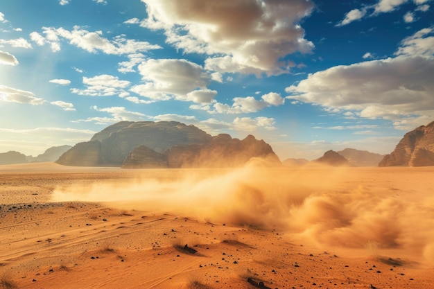 Foto el viento levanta el polvo en el wadi rum sahara o el desierto árabe