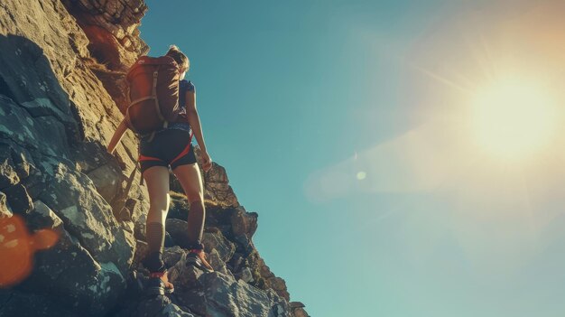 Con el viento en su cabello y el sol en su cara la mujer que sube a la cima de la montaña siente una sensación de libertad y alegría sus preocupaciones dejadas lejos abajo