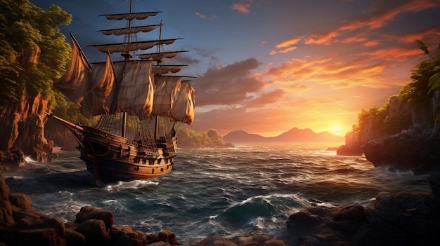 El viento de los veleros, las nubes del océano, el agua, la ilustración del barco, la vela náutica, el cielo, el barco pirata, el horizonte, la aventura, el atardecer, el velero, el transporte, el crucero, el barco de guerra, el mar.