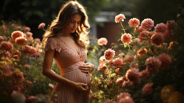 Vientre de primer plano Mujer embarazada de pie en el jardín de flores