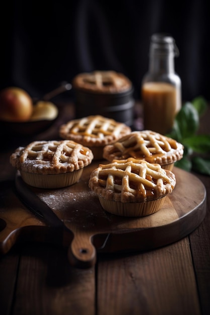 Vier Apfelkuchen auf einem Holzbrett mit einer Flasche Apfelsaft im Hintergrund.