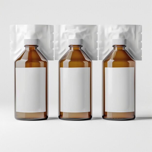 Foto vier arzneiflaschen mit weißer abdeckung und weißer kappe