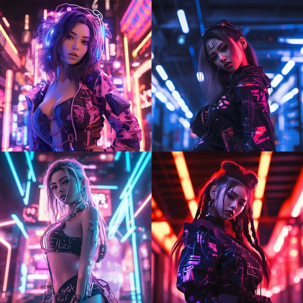 vier Bilder von Cyberpunk-Frauen mitten in der Stadt