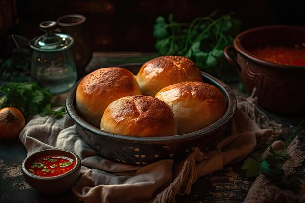 Vier Brötchen in einem Korb mit einer Sauce an der Seite