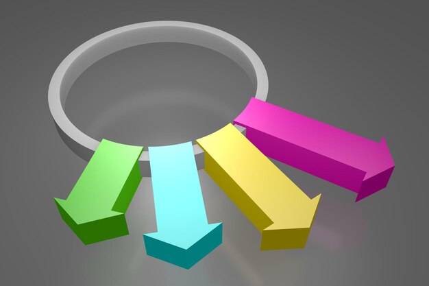 Vier bunte Pfeile auf grauem Hintergrund 3D-Illustration