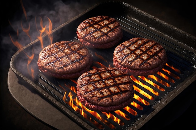 Vier Burger auf einem Grill mit Flammen