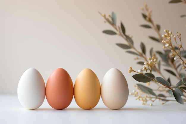 Vier Eier auf einem hellen Hintergrund Eier mit Blumenzweig Ostern Präsentation Festkomposition