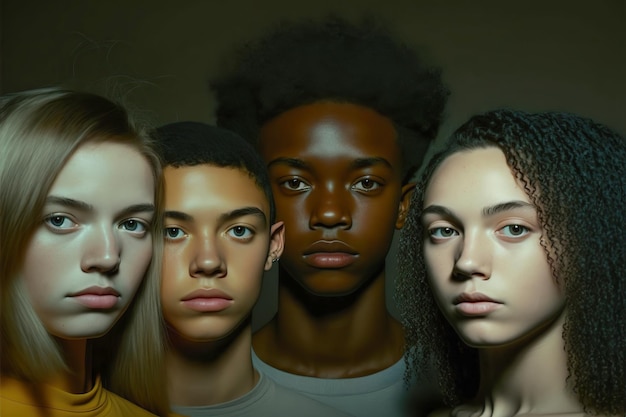 Vier entzückende süße multinationale Teenager, die in die Kamera schauen Generative KI-Illustration