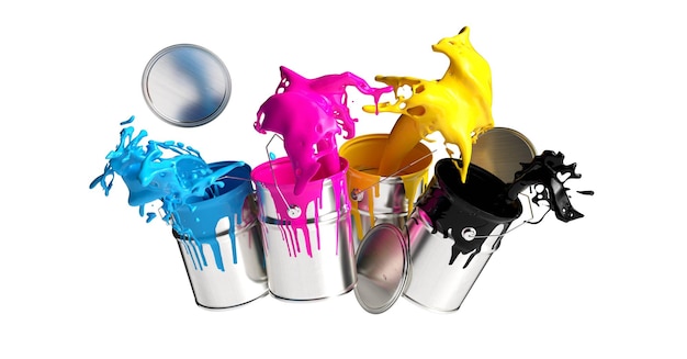 Vier Farbdosen, die CMYK-Farben spritzen, isoliert auf weißem Hintergrund, Druckkonzeptbild