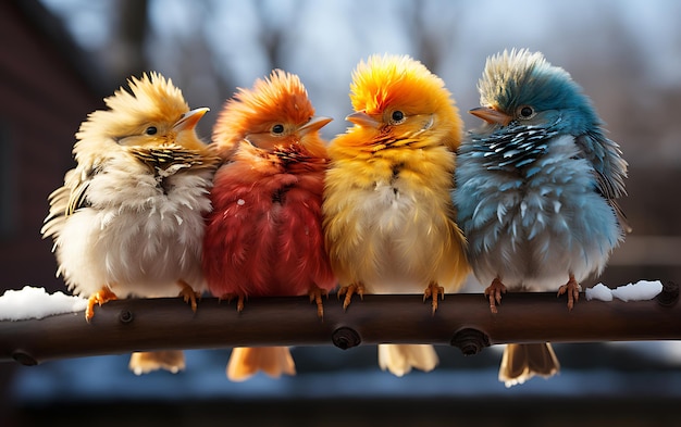 Foto vier farbige flauschige vögel