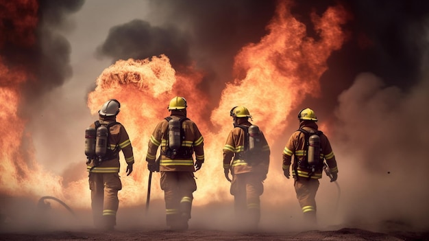 Vier Feuerwehrleute stehen vor einem Feuer, aus dem Rauch aufsteigt.