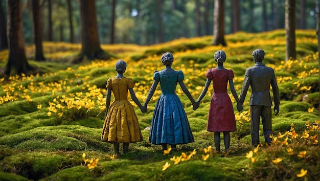 Vier Frauen in farbenfrohen Kleidern halten sich in einem Wald an den Händen