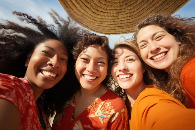 vier frauen posieren an einem strand im stil kühner kurven lowangle freudige und optimistische multikulturelle close-up