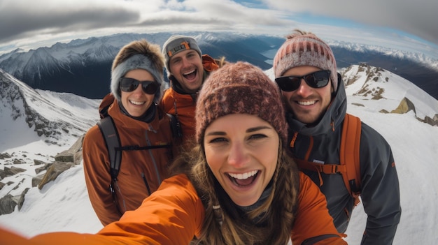 Vier Freunde auf einem schneebedeckten Berggipfel