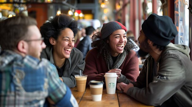 Vier Freunde sitzen an einem Tisch in einem Café und lachen und reden