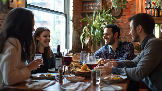 Foto vier freunde sitzen an einem tisch in einem restaurant, sie lächeln und lachen alle und sie scheinen ihr gespräch zu genießen.