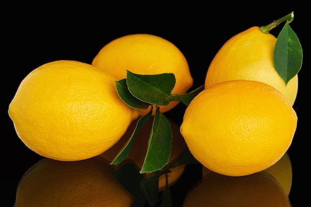 Vier frische reife gelbe Zitronen auf schwarzem Hintergrund