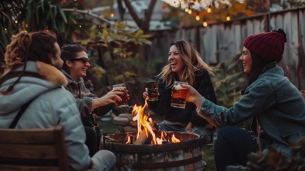 Foto vier fröhliche freundinnen sitzen um eine feuerstelle im hinterhof herum, trinken bier und lachen