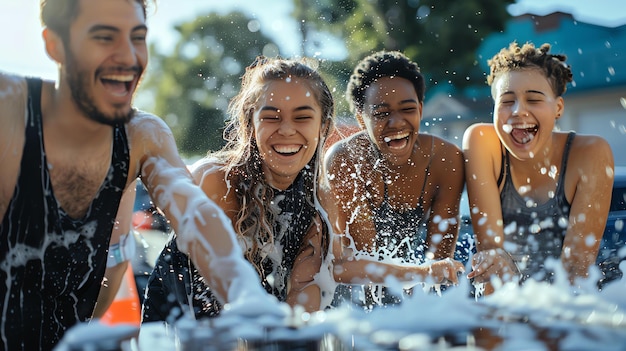 Vier fröhliche junge Freunde, die an einem sonnigen Tag gemeinsam im Freien ein Auto waschen