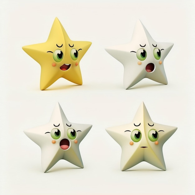 Vier gelbe Sterne mit einem Auge und einer mit grüner und schwarzer Nase.