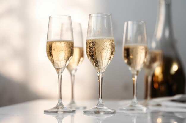Vier Gläser Champagner auf hellem Hintergrund, erstellt mit generativer KI-Technologie