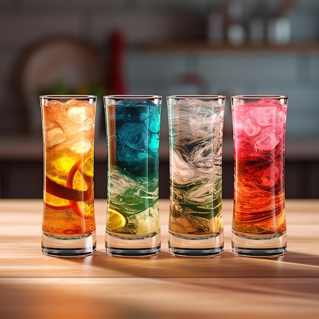 Vier Gläser mit Flüssigkeit in verschiedenen Farben und darauf Eiswürfel.
