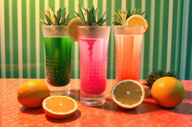 Vier Gläser mit verschiedenen Limonaden, Orangensaft, Ananas und Limette darauf