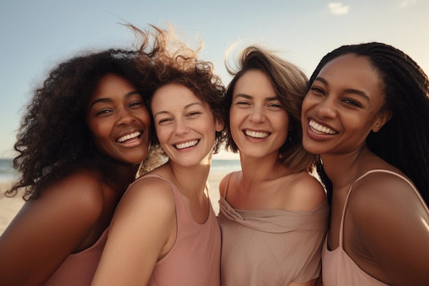 Vier glückliche Frauen am Strand im Stil kühner Kurven