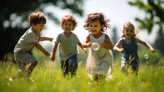 Foto vier glückliche kinder laufen und spielen an einem sonnigen tag zusammen auf einem grünen feld