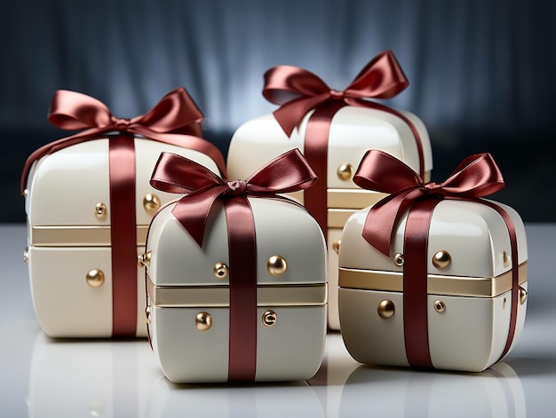 vier gold-weiße Geschenkboxen mit roten Schleifen.