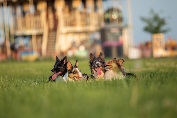 Foto vier hunde liegen mit herausgestreckter zunge im gras