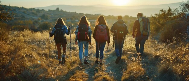 Vier junge Leute gehen an einem sonnigen Tag durch die Landschaft, während sie in den Bergen wandern