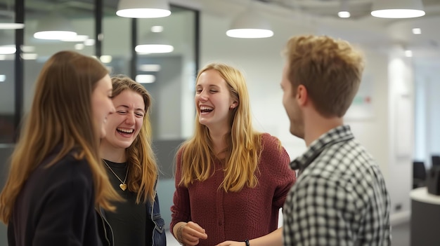 Foto vier junge leute lachen und reden in einem büro. sie sind alle lässig gekleidet und sehen aus, als ob sie ihr gespräch genießen.