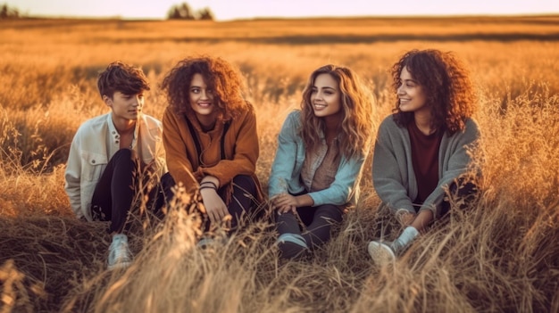 Vier junge Leute sitzen auf einem Feld, eine von ihnen hat ein Lächeln im Gesicht